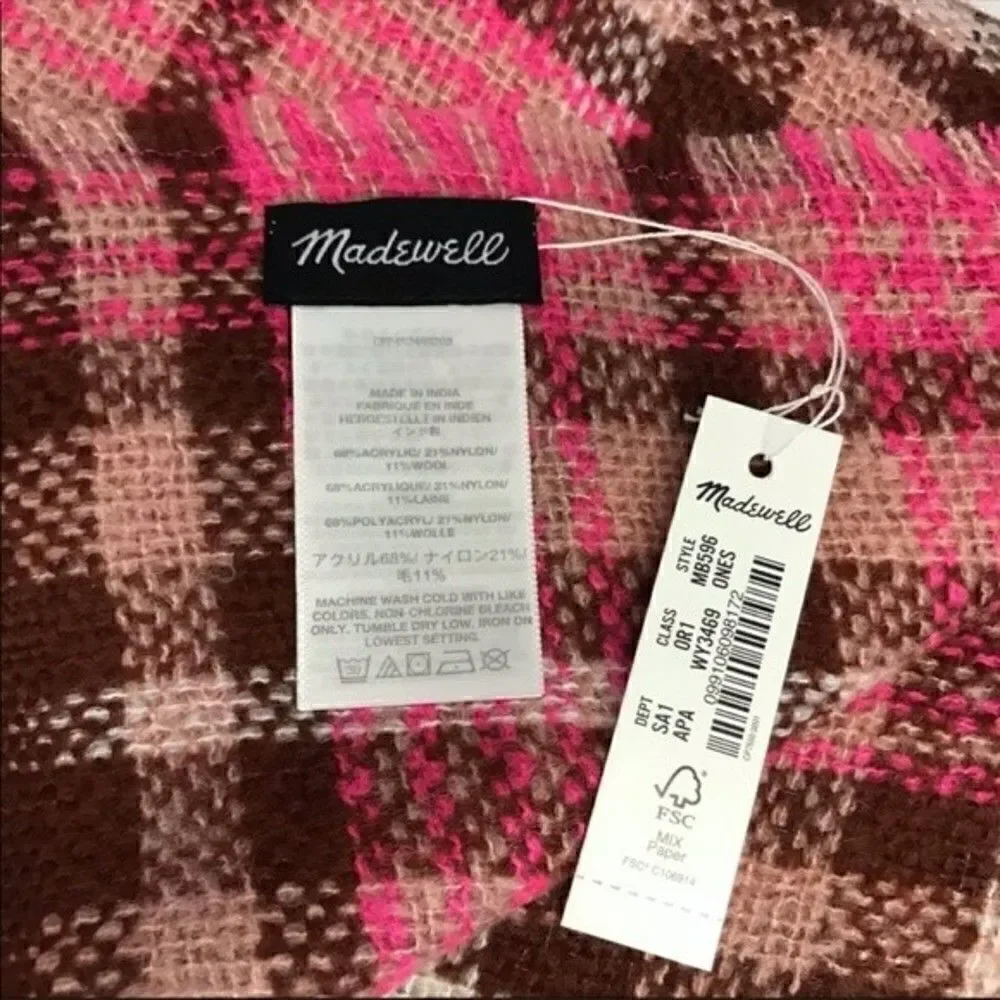 New! Madewell Oversized Pink Plaid Fringe Wool Raw Hem Blanket Scarf